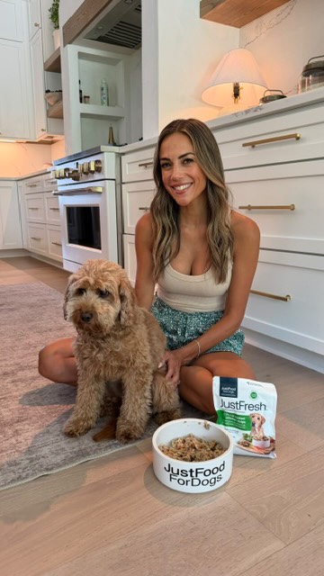Instagram post by @kramergirl for JustFoodforDogs. Caption reads: [...] Leo. 🐶🤍 We made the switch to....
