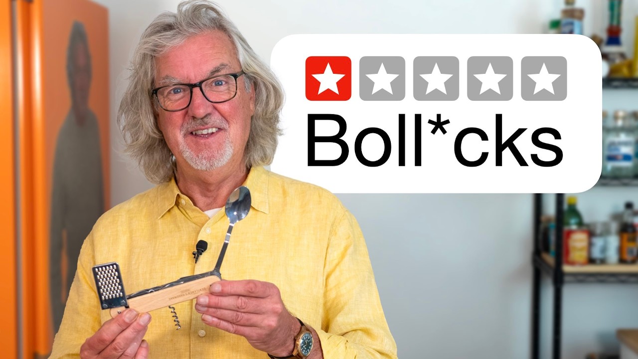 YouTube post by @JamesMayDrinks for discoveryplus. Caption reads: James May tests Amazon kitchen gadgets.