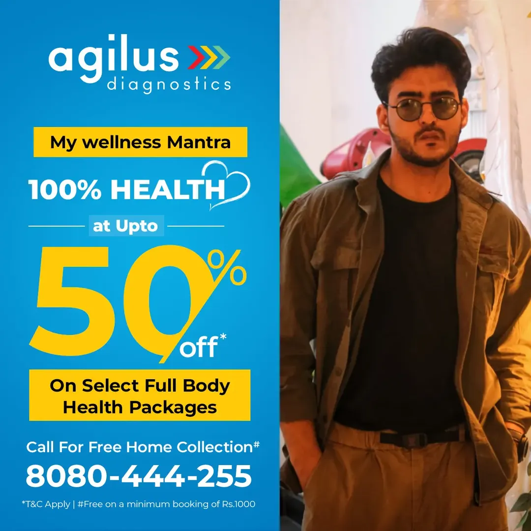 Instagram post by @akwani_sk for Agilus Diagnostics. Caption reads: [...] checkups! Unlock 100% health with Agilus....