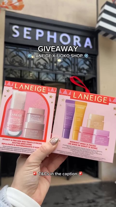 Instagram post by @fioko.shop for LANEIGE. Caption reads: 🇬🇧 🎄GIVEAWAY🎄

We were last minute shopping....