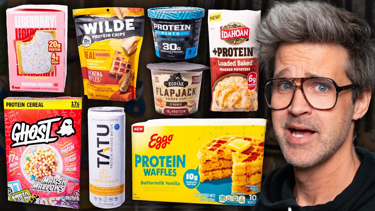 YouTube post by @GoodMythicalMORE for Mythical. Caption reads: Ranking The Best New Protein Snacks.
