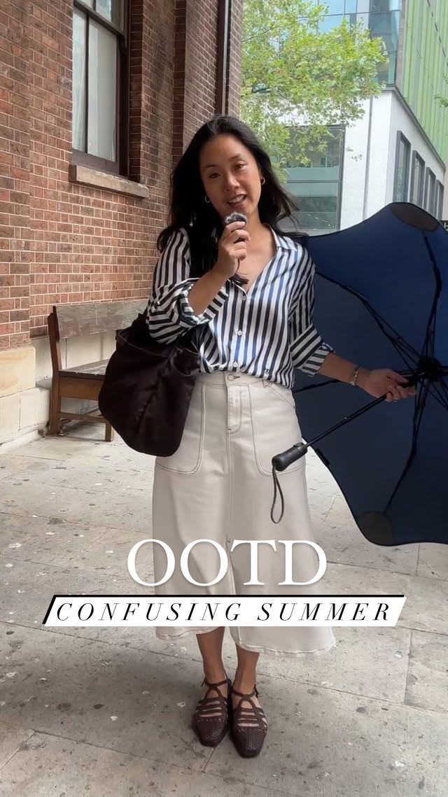 Instagram post by @whatveewore for BLUNT Umbrellas. Caption reads: Huzzah for yet another humid, rainy summer’s day....