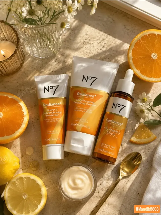 Instagram post by @mandib8803 for No7 USA. Caption reads: [...] gifted this No7 Radiance+ collection by....