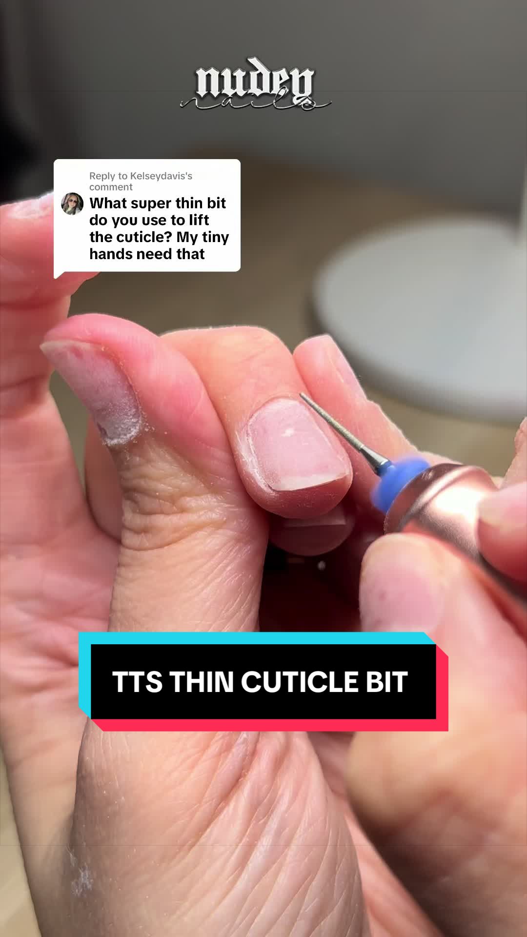 TikTok post by @nudeynails for Katie Barnes Tool Range. Caption reads: [...] ✨ Slim Detail Prep Bit from @Katie Barnes....