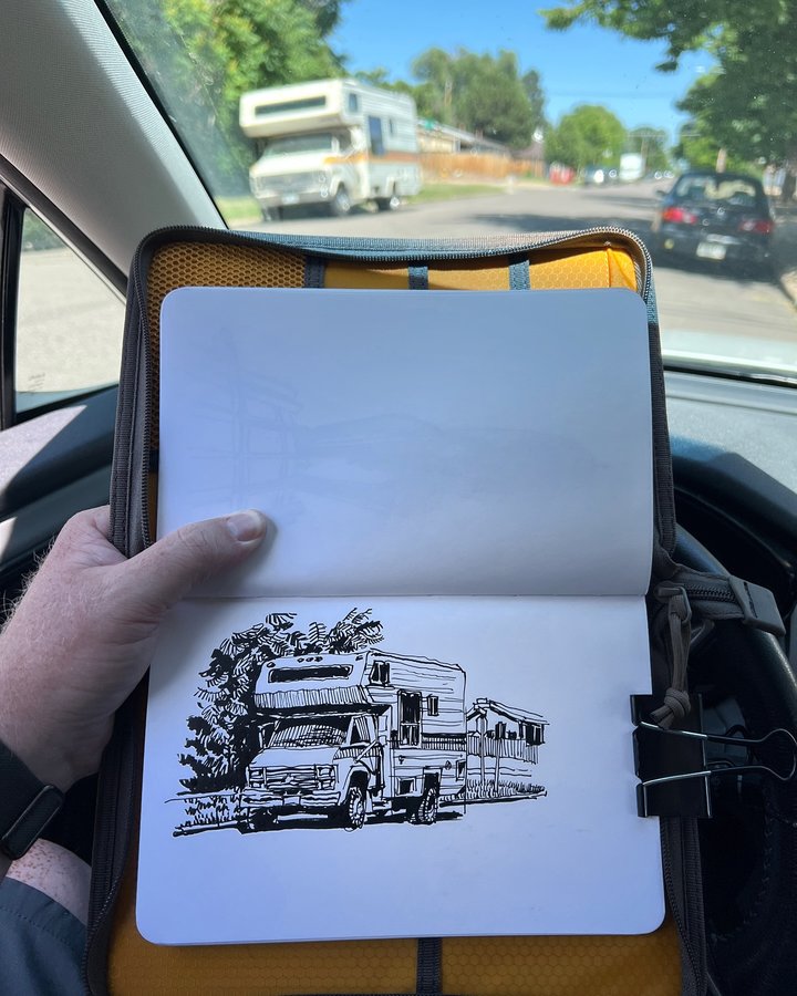Instagram post by @paulheaston for Lochby. Caption reads: 20 minute sketch of a camper van in Denver....
