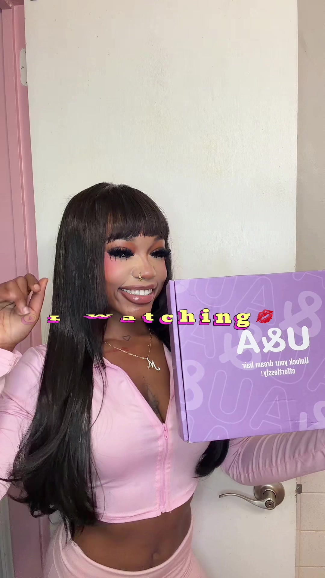 TikTok post by @itzmayasw0rld for U&A Hair Shop. Caption reads: @U&A HAIR SHOP Layered Bang Wig Install😍 Would....