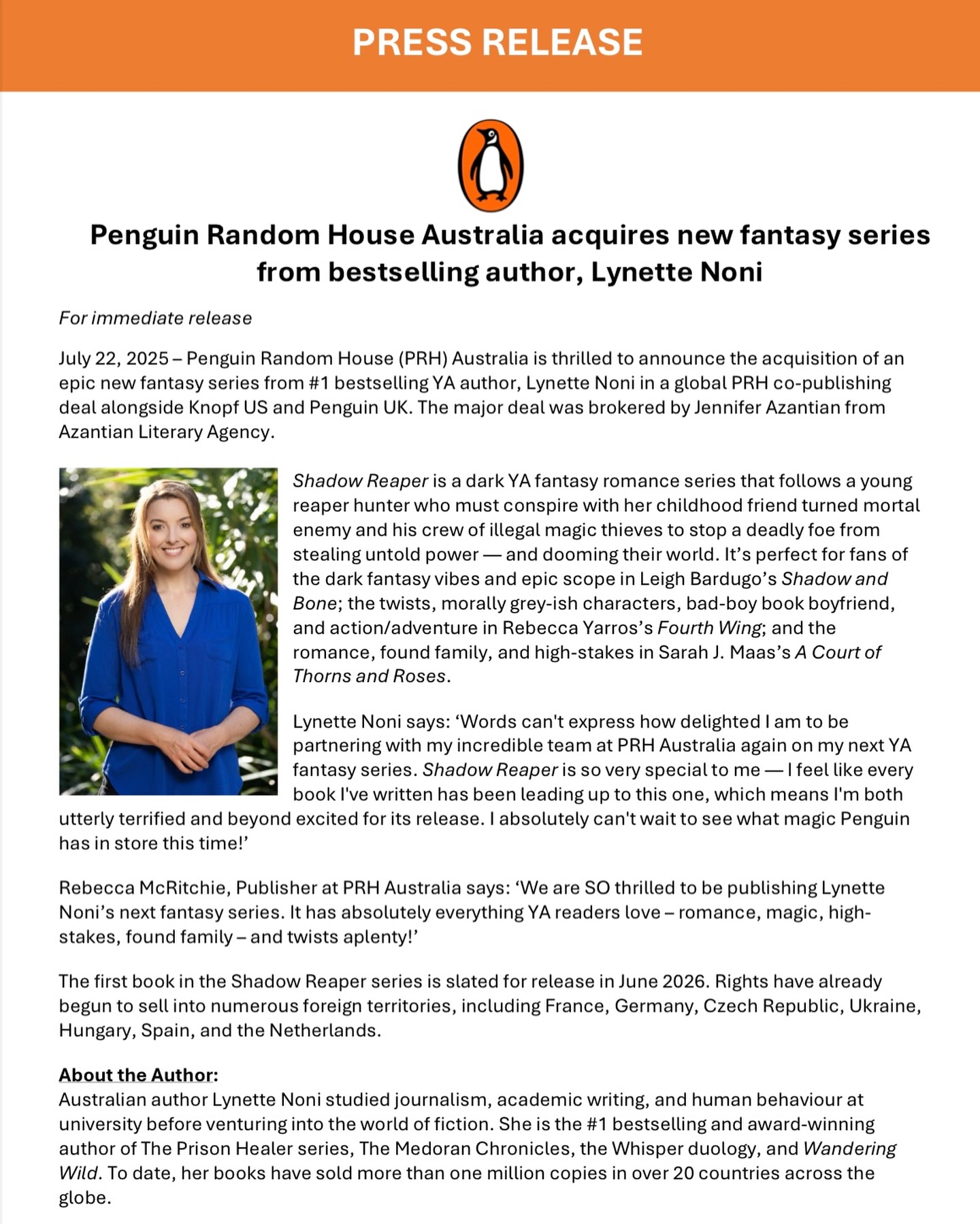 Instagram post by @lynettenoni for Penguin. Caption reads: The news is out! My next book is called....