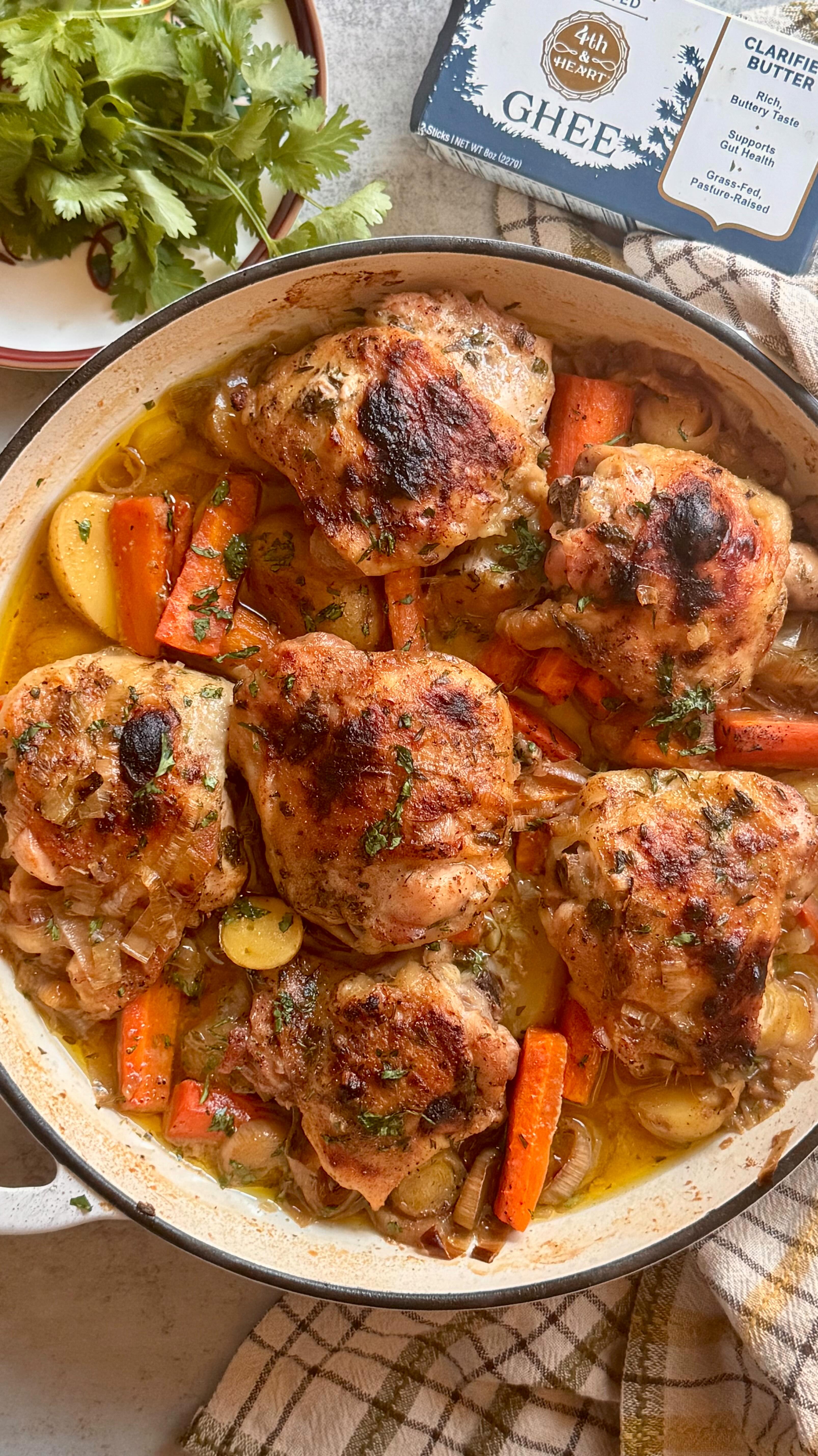 Instagram post by @forgetthetakeout for 4th & Heart. Caption reads: Skillet Maple Dijon Roasted Chicken & Veggies is....