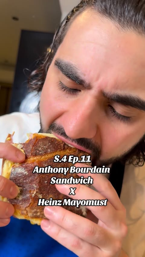 Instagram post by @nikos_marolis for Heinz. Caption reads: S.4 Ep.11 Anthony Bourdain Sandwich with Heinz....
