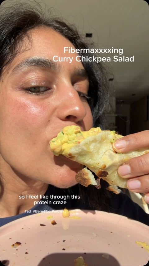 Instagram post by @radhidevlukia for Benefiber. Caption reads: #ad #BenefiberPartner Fibermaxxxing your lunch....