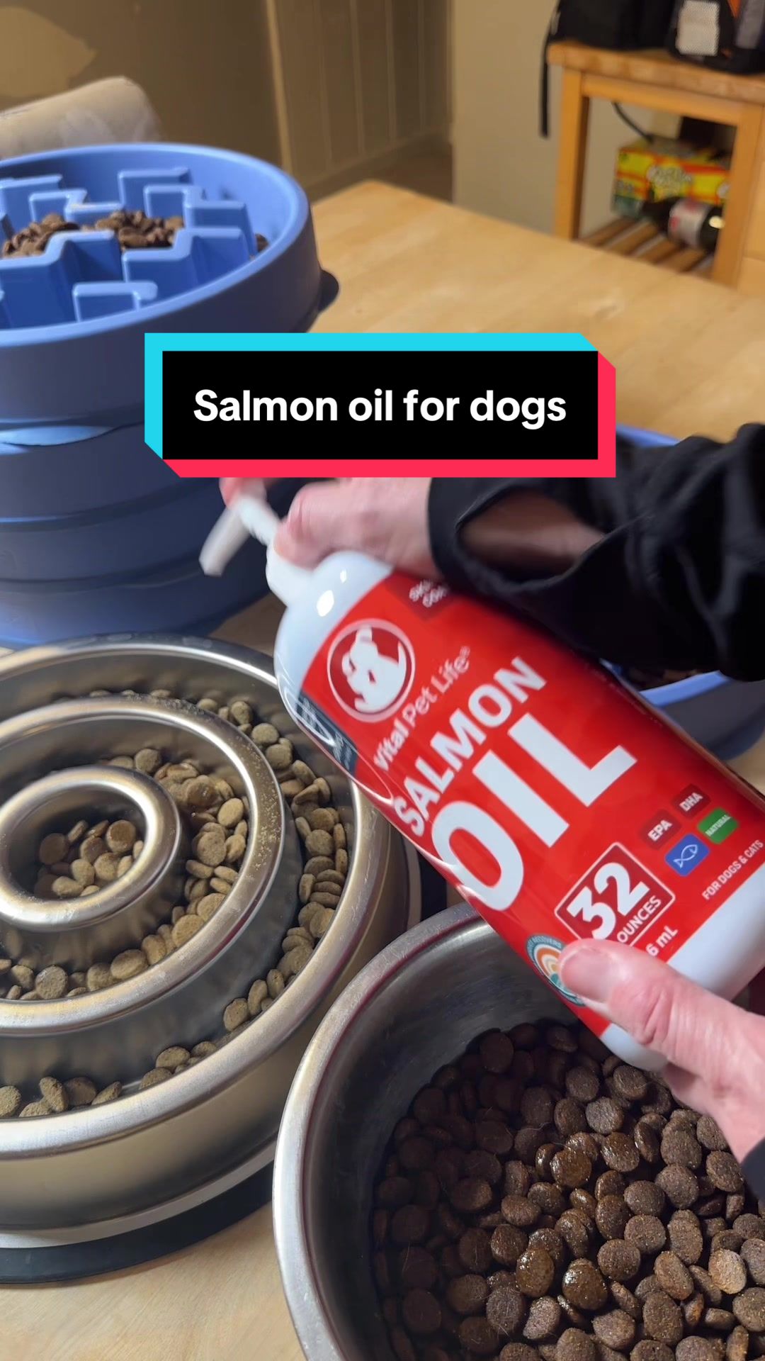 TikTok post by @nubbinlove for Vital Pet Life. Caption reads: if you’re not adding Vital Pet Life Salmon Oil to....