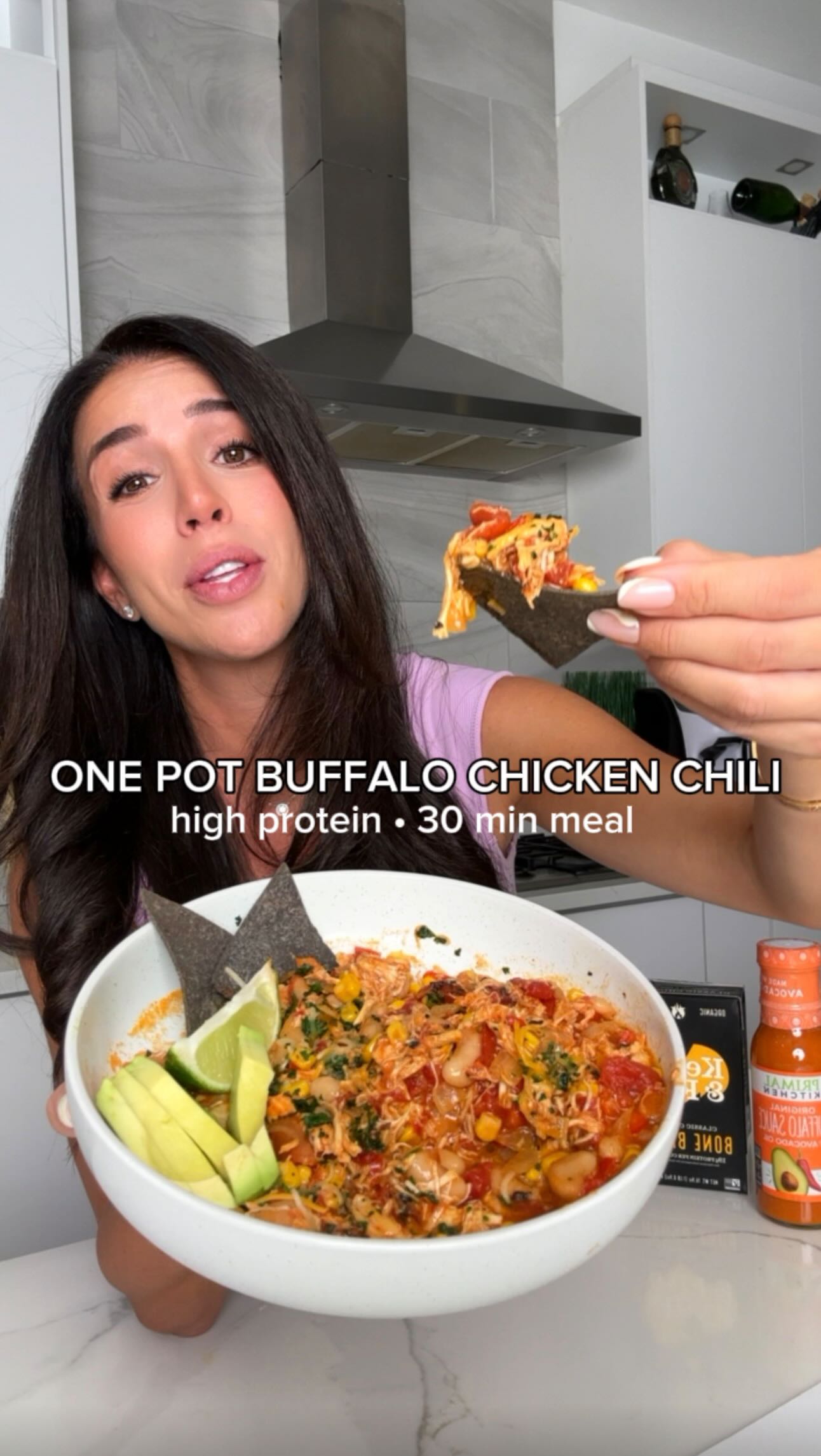 Instagram post by @ainsley for Kettle & Fire. Caption reads: 30 min One Pot Buffalo Chicken Chili 🌶️ #ad

This....