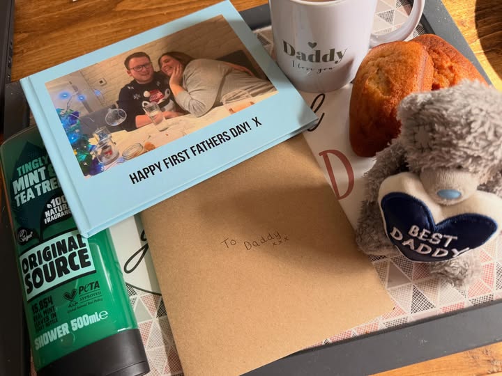 Instagram post by @athomewithbecandjames for Photobox. Caption reads: Happy First Father’s Day to my fiancé! Daddy to be....
