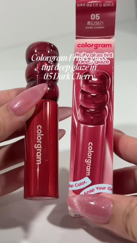 Instagram post by @kizha.nicolee for Olive Young. Caption reads: [...] tint deep glaze in 05 Dark Cherry 🍒....
