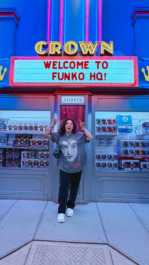 Instagram post by @thescarletbruja for Funko. Caption reads: Come with me to Funko HQ! I had the best time with....