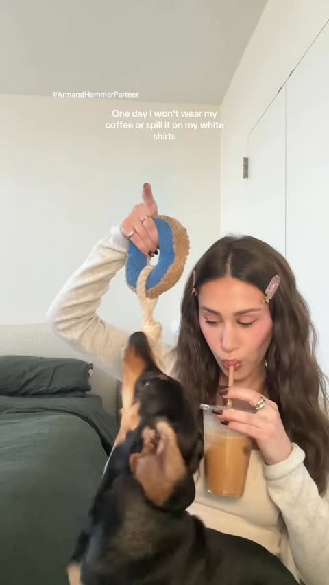 Instagram post by @carlyrivlin for ARM and HAMMER. Caption reads: One day I won’t wear my coffee or spill it on my....