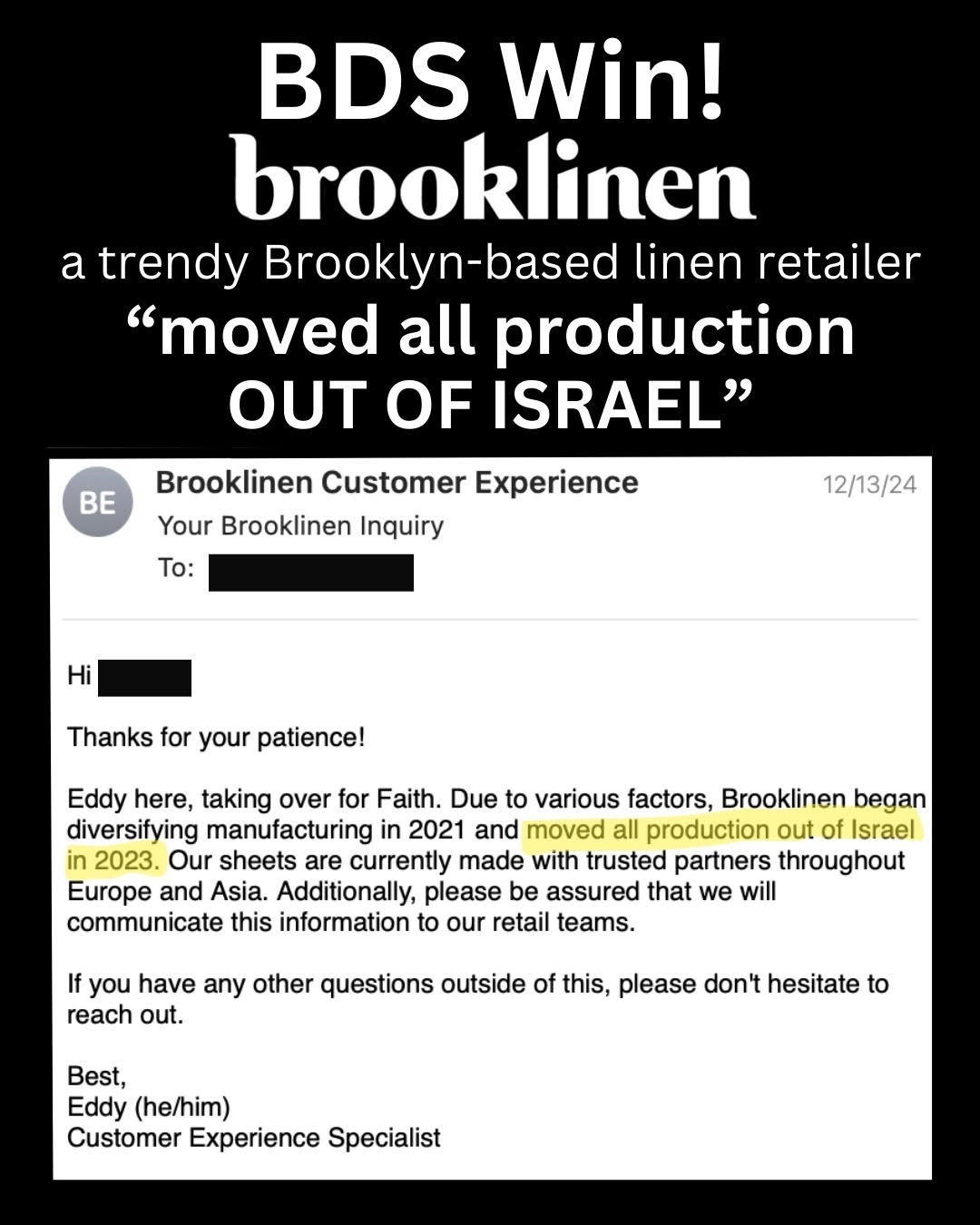 Instagram post by @adalahjusticeproject for Brooklinen. Caption reads: Another BDS wIn! @brooklinen, a trendy....