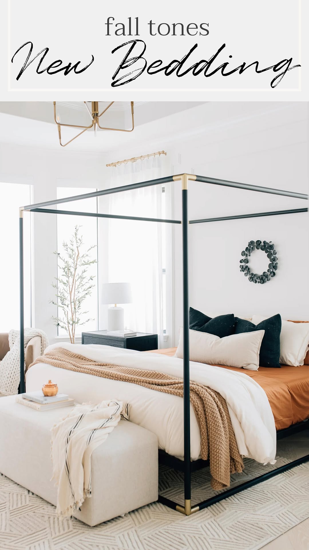 Instagram post by @anniemescallhome for Brooklinen. Caption reads: 🖤🧡 BEDROOM MAKEOVER REVEAL! It’s been a few....