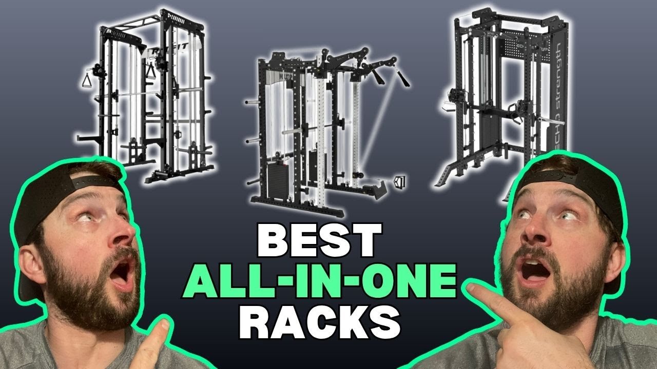 YouTube post by @LukesGarageGym for Merachfit. Caption reads: Best All-In-One Power Racks 2025 | My Top 3 Picks....