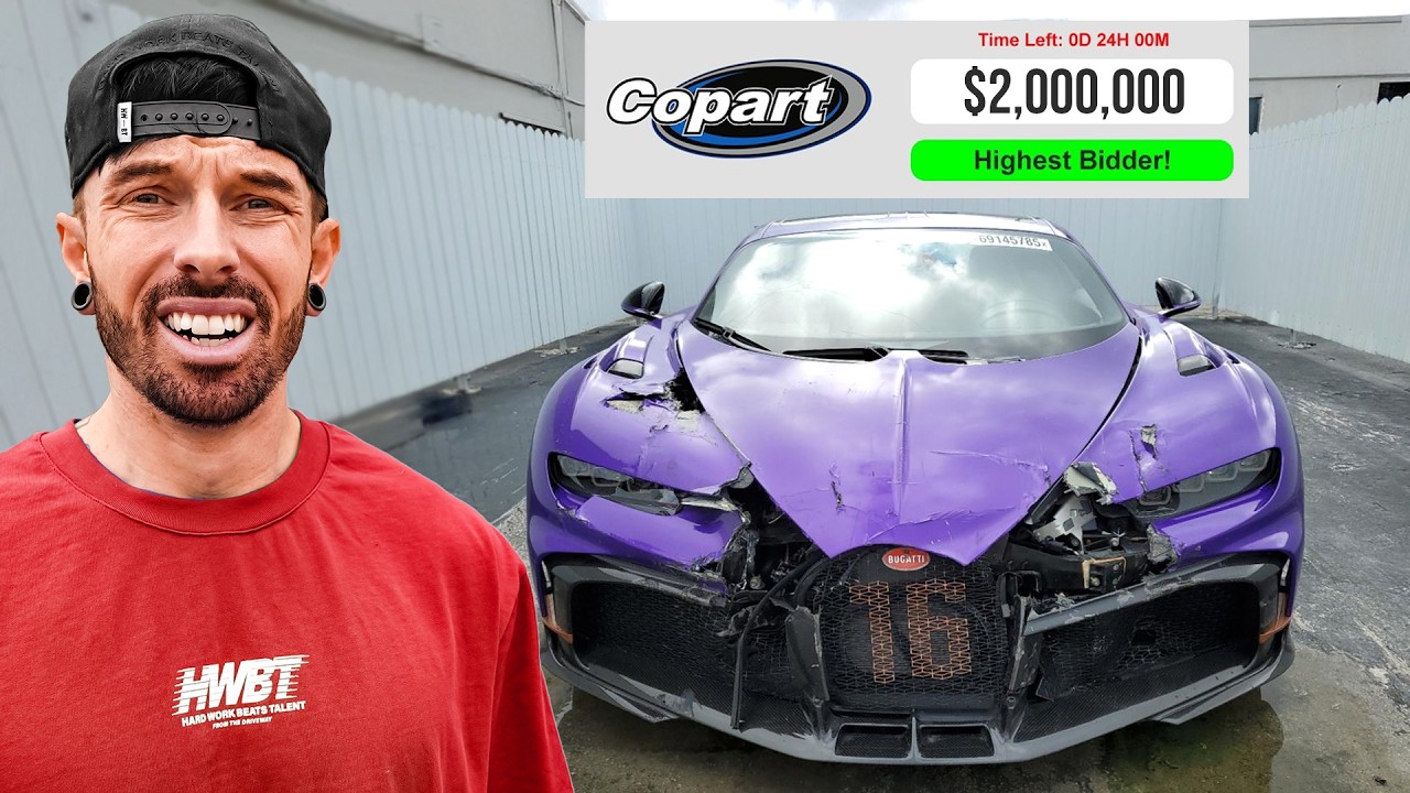 YouTube post by @MatArmstrongbmx for carVertical. Caption reads: ATTEMPTING TO BUY A WRECKED BUGATTI CHIRON PUR....
