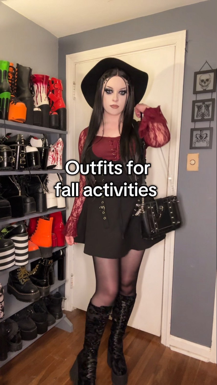 Instagram post by @sapplesauce666 for Demonia Shoes. Caption reads: Long time no outfit video, but fall is the best....