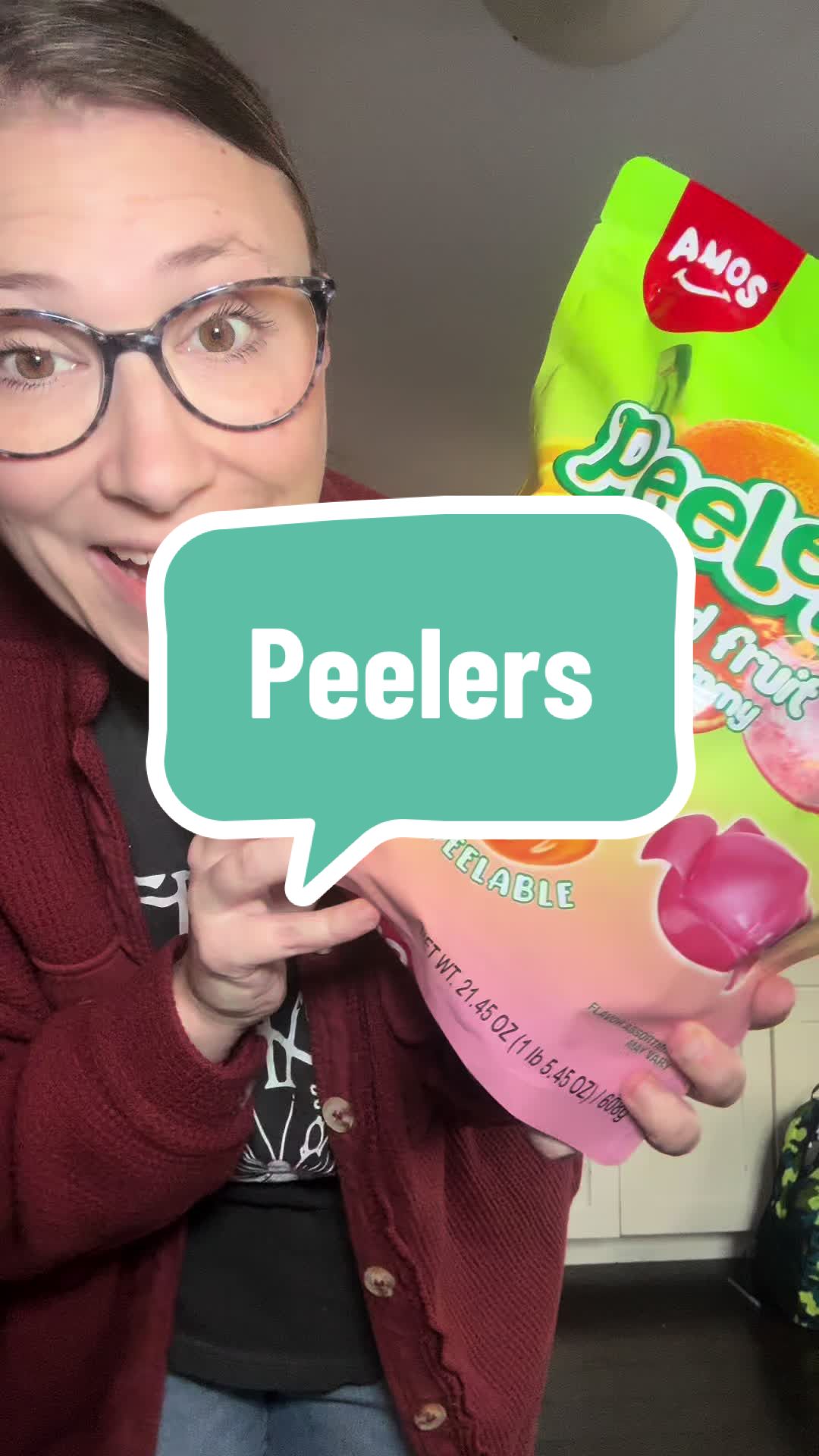 TikTok post by @julianna_leffler for Amos Sweets. Caption reads: [...] bag is huge and satisfies the craving @AMOS....