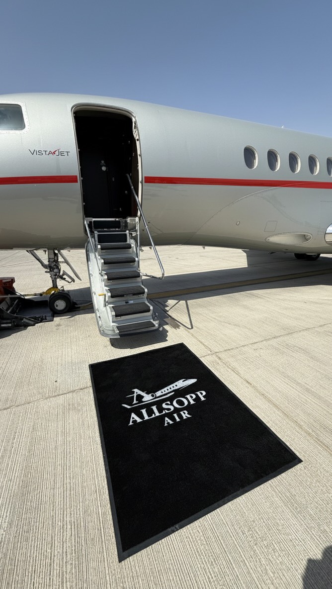 Instagram post by @lewis_allsoppdubai for Ferrari. Caption reads: A big thank you to @vistajet for the welcome gift....