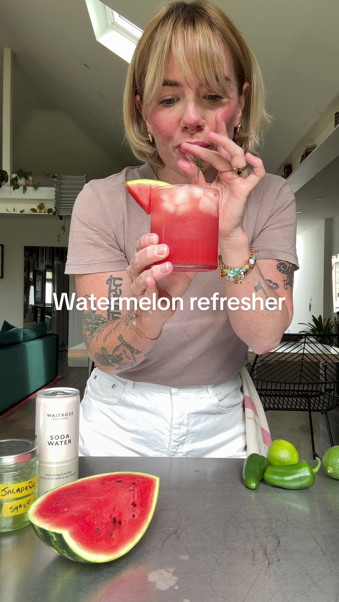 TikTok post by @toastwithhope for Waitrose. Caption reads: Watermelon Jalapeño refresher with a beautiful....