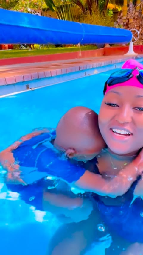 Instagram post by @shallonen for Garnier East Africa. Caption reads: Finally convinced my baby to try swimming again!....