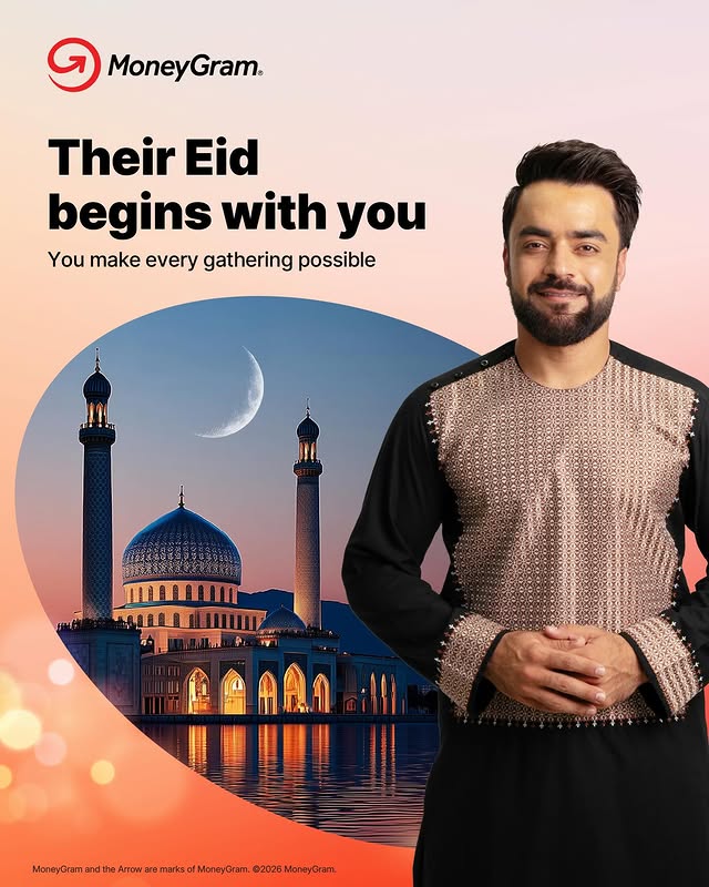 Instagram post by @rashid.khan19 for MoneyGram. Caption reads: [...] Send your love home this Eid with MoneyGram.....
