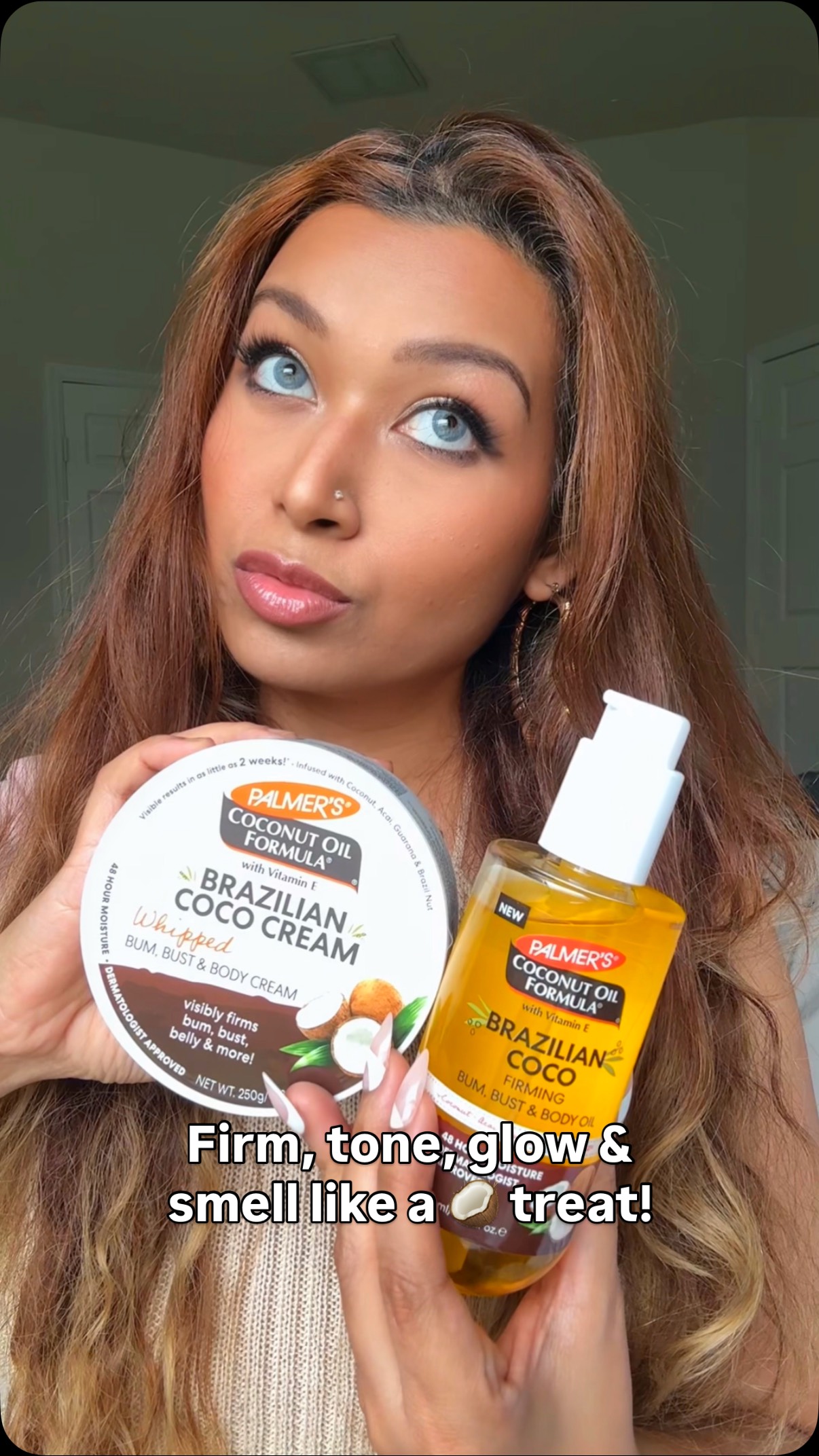 Instagram post by @honey.bon.bon for PALMERS. Caption reads: 🥥 Firm, tone, glow & smell like a treat! @palmers....