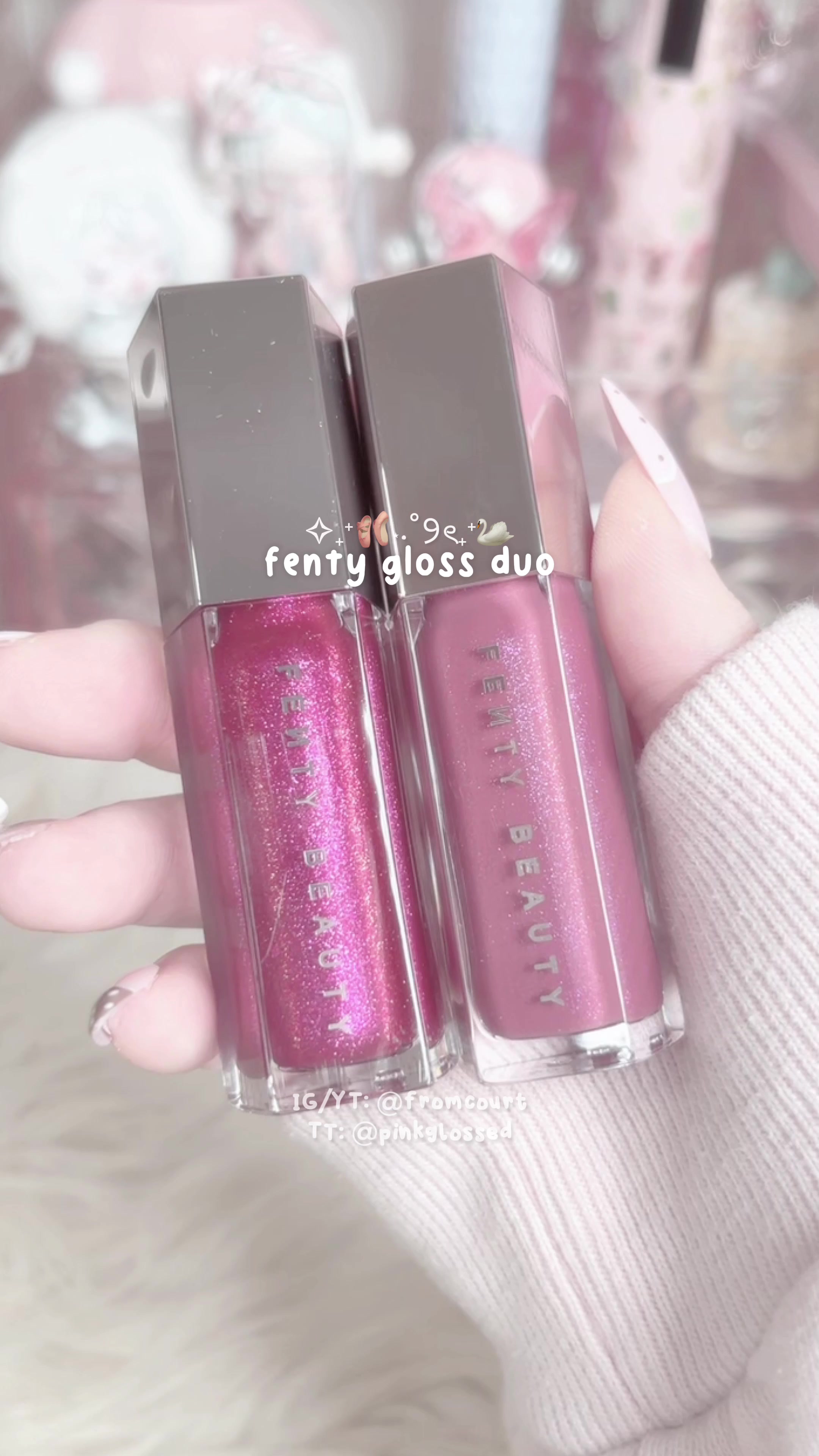 TikTok post by @pinkglossed for Fenty Beauty. Caption reads: the prettiest glosses @Fenty Beauty 💗....