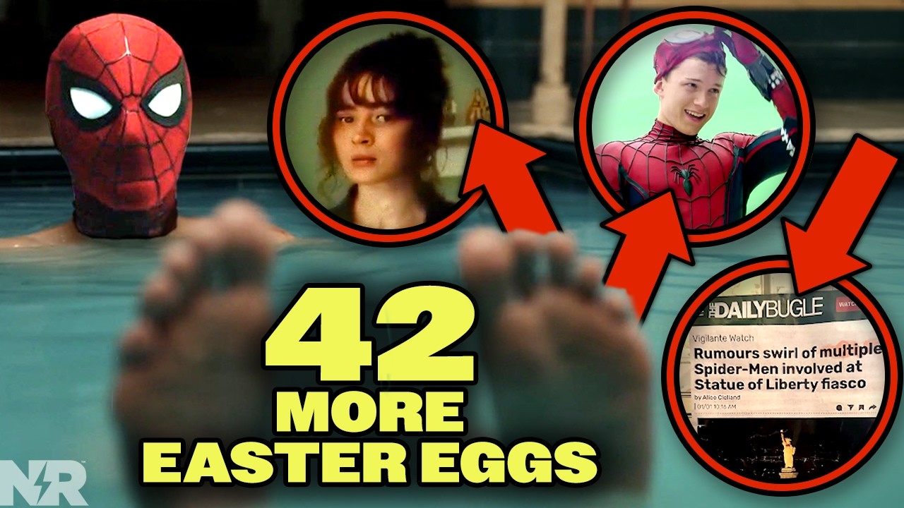 YouTube post by @NewRockstars for Adobe Spark. Caption reads: 42 More Details We Missed in SPIDER-MAN BRAND NEW....