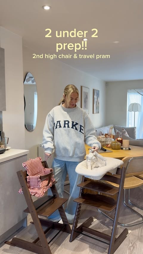 Instagram post by @megbillo for Stokke. Caption reads: [...] going to be a 2 high chair house 🤣🤍....