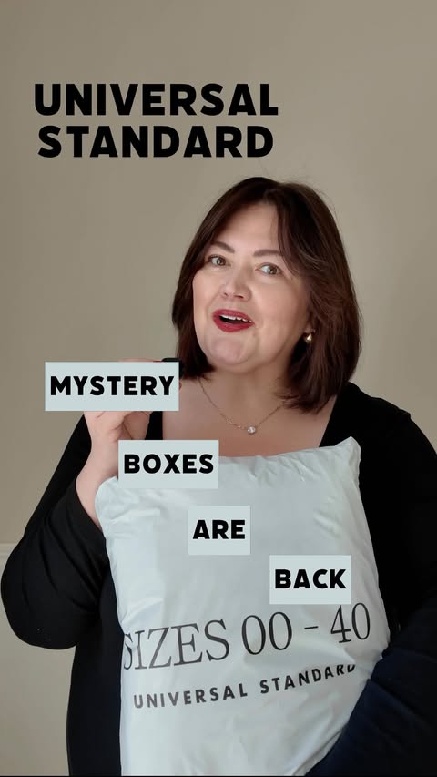 Instagram post by @authemmie for Universal Standard. Caption reads: #Ad Guess what? @universalstandard Mystery Boxes....