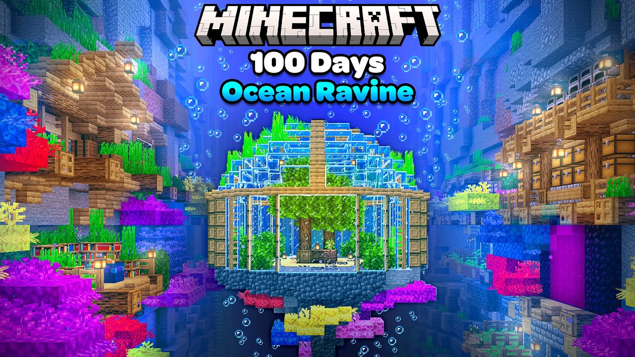 YouTube post by @emazinggg for Shop Titans. Caption reads: I Survived 100 Days In a OCEAN RAVINE in Minecraft....