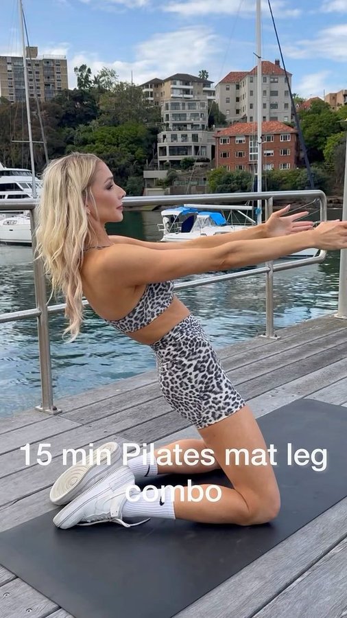 Instagram post by @pilatestv for SENSTYLABLE. Caption reads: 10 MIN PILATES MAT leg COMBO 🔥 

Three exercises....