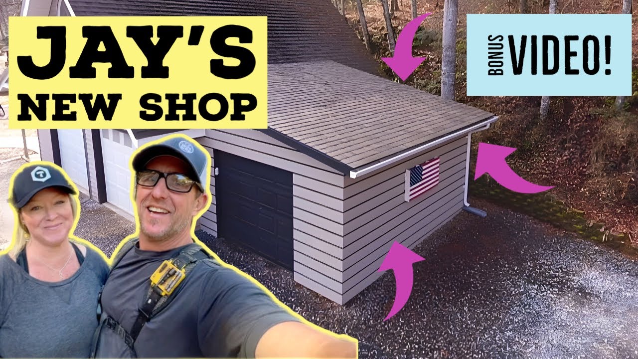 YouTube post by @Building_Jays_Way for DEWALT. Caption reads: Jay’ New Shop—BONUS edition!.