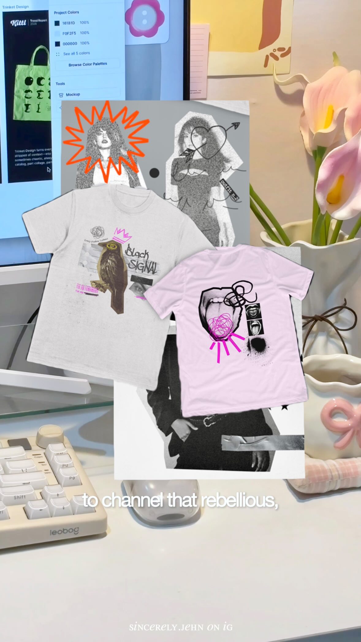 Instagram post by @sincerely.jehn for Kittl. Caption reads: Here are some of the design trends you'll be....