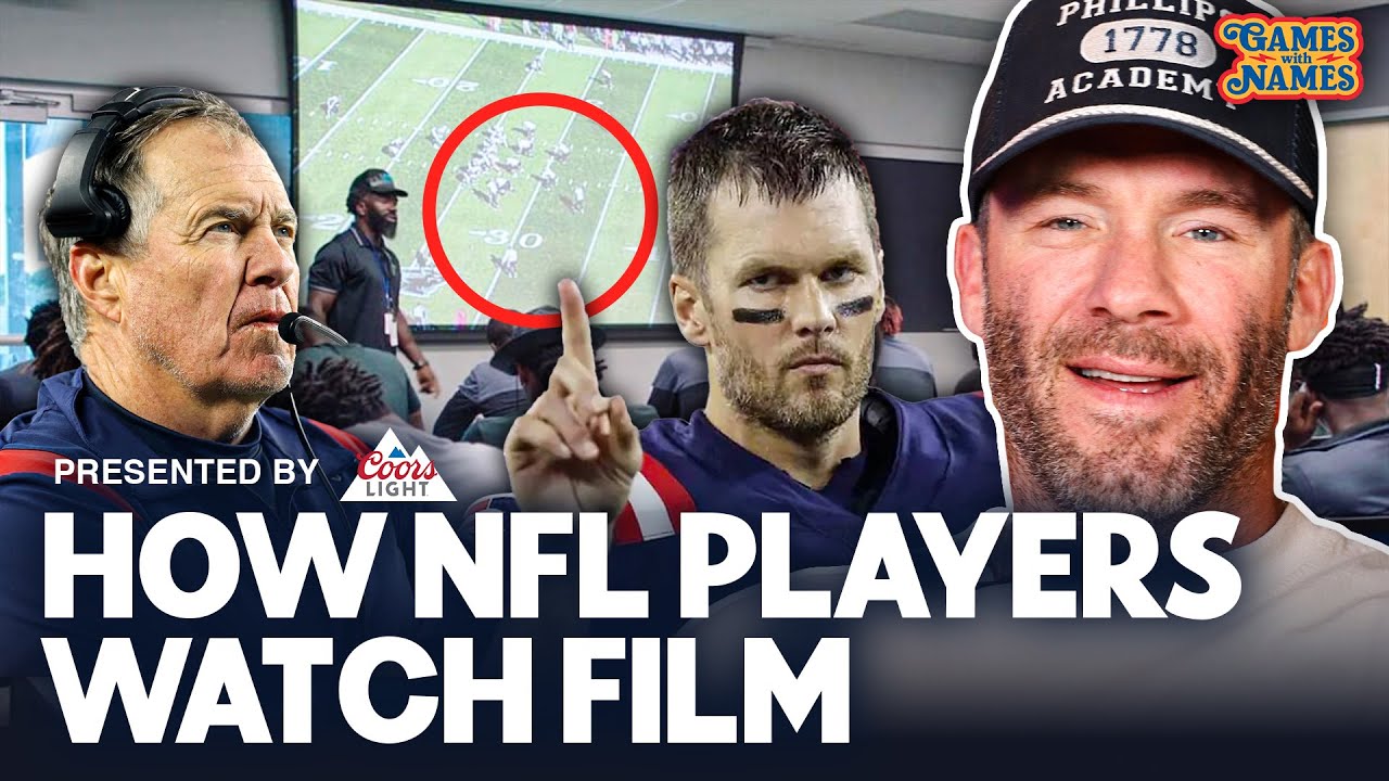 YouTube post by @gameswithnames for Coors Light. Caption reads: How NFL Players ACTUALLY Watch Film.