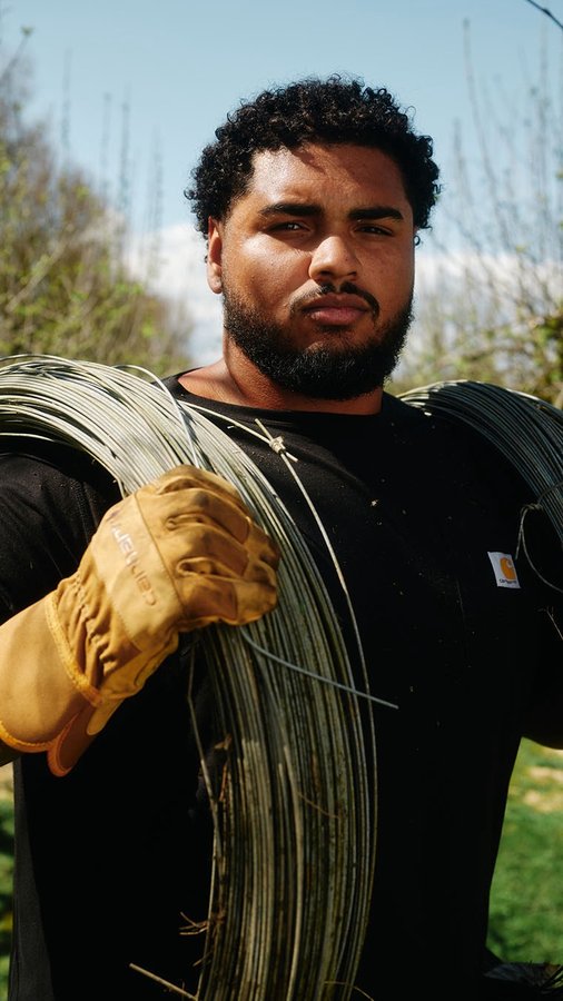 Instagram post by @tristan_wirfs74 for Carhartt. Caption reads: On or off the field, there’s no substitute for....