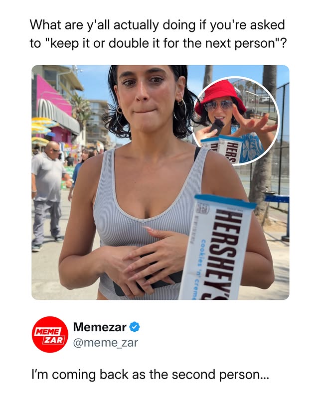 Instagram post by @memezar for HERSHEY'S Chocolate. Caption reads: That’s actually genius 😂 What are y’all doing....
