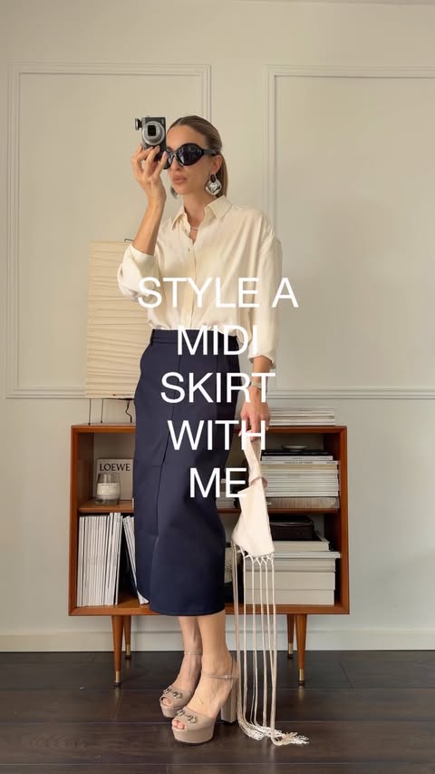 Instagram post by @dom.overseas for The Frankie Shop. Caption reads: [...] skirt from AM to PM with @thefrankieshop....