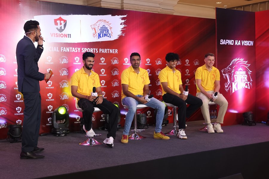 Instagram post by @peeyushsharmaa for Vision11. Caption reads: [...] times champions at their own den for....