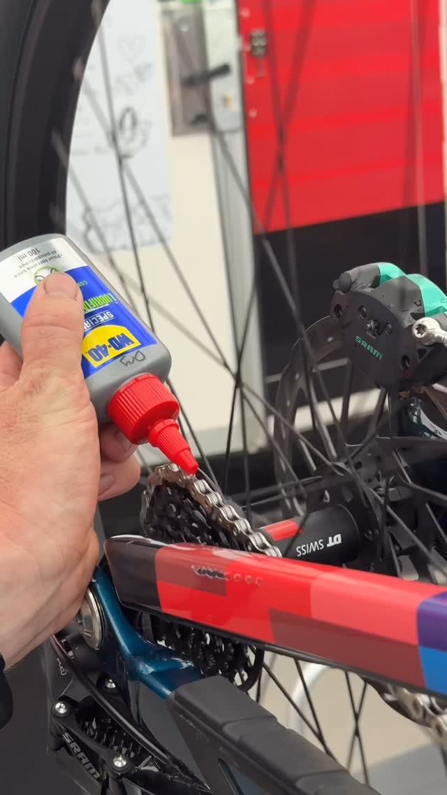 Instagram post by @trekfactoryracingdh for WD-40. Caption reads: Mid-practice reset. Val Di Sole dust doesn’t quit....