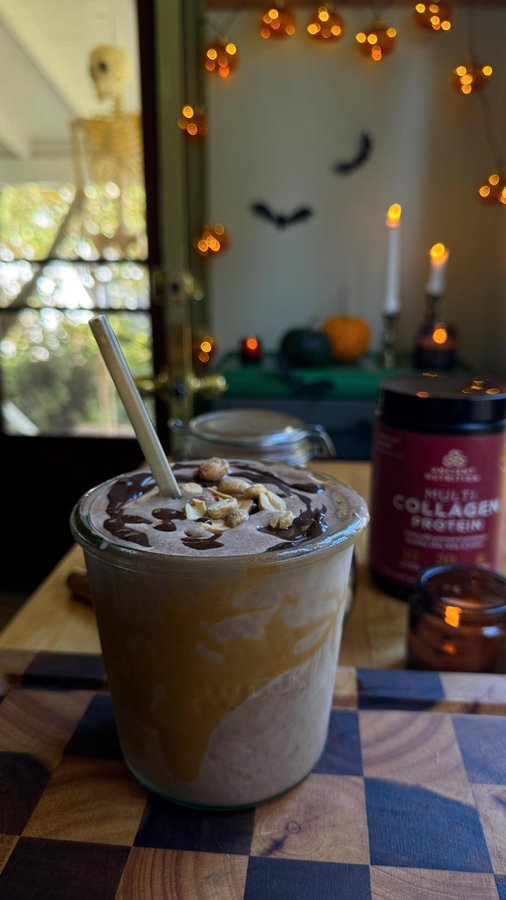 Instagram post by @sokos.kitchen for Ancient Nutrition. Caption reads: SNICKERS INSPIRED SHAKE 🥜🍫👻 made with....