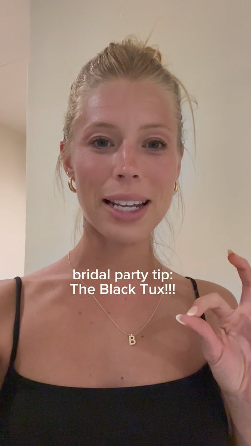 Instagram post by @siennacartier for The Black Tux. Caption reads: [...] summer wedding dreams come true! #ad....