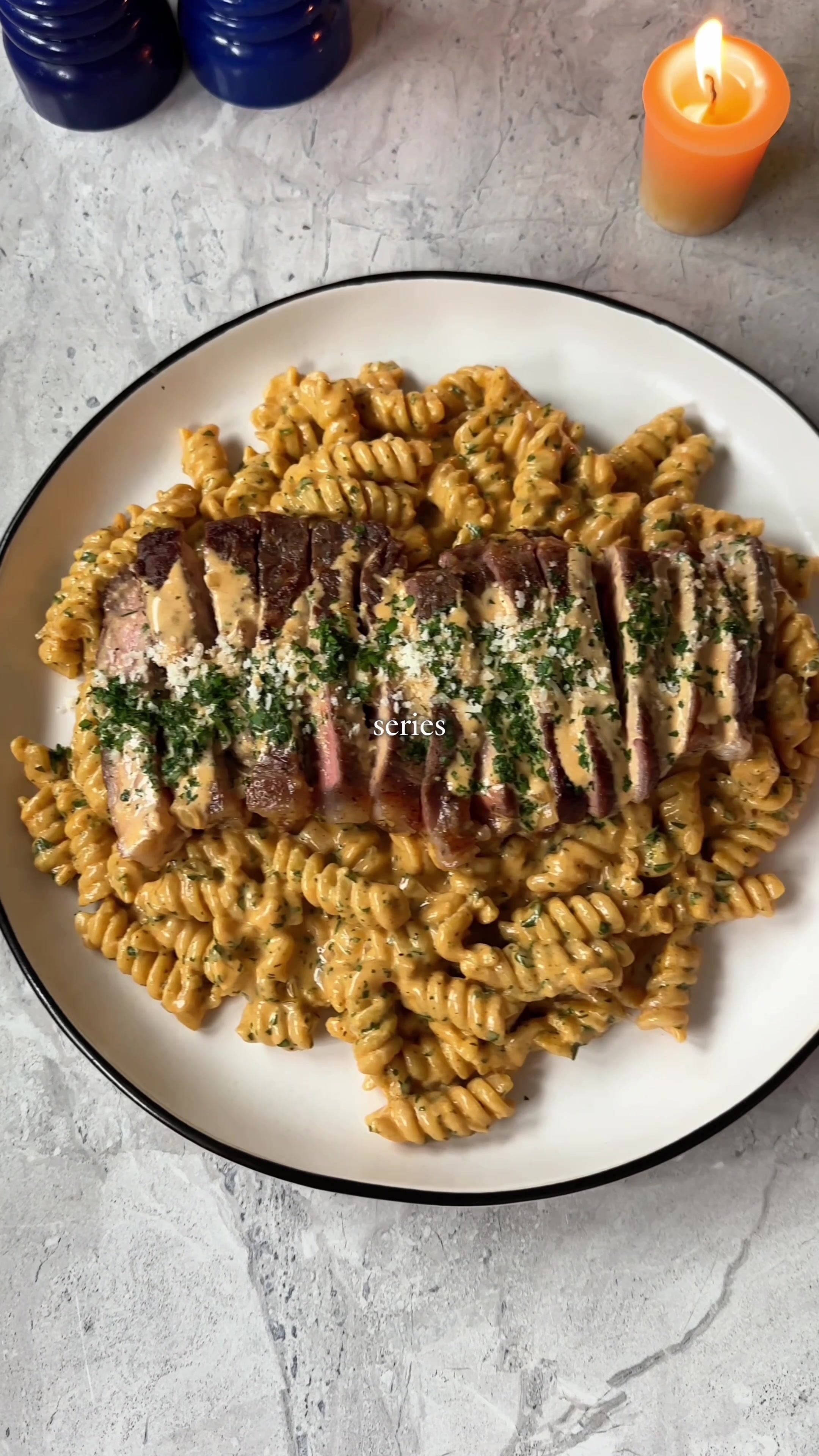 TikTok post by @majasrecipes for Brami. Caption reads: Creamy Garlic Butter Steak Pasta✨ LINK IN BIO FOR....