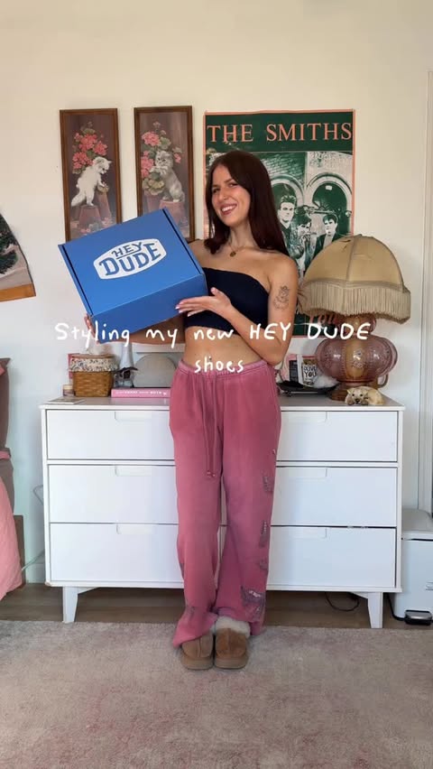Instagram post by @lindigrimes for HEYDUDE. Caption reads: Styling my new @HEYDUDE shoes!! #HEYDUDEStretchSox....