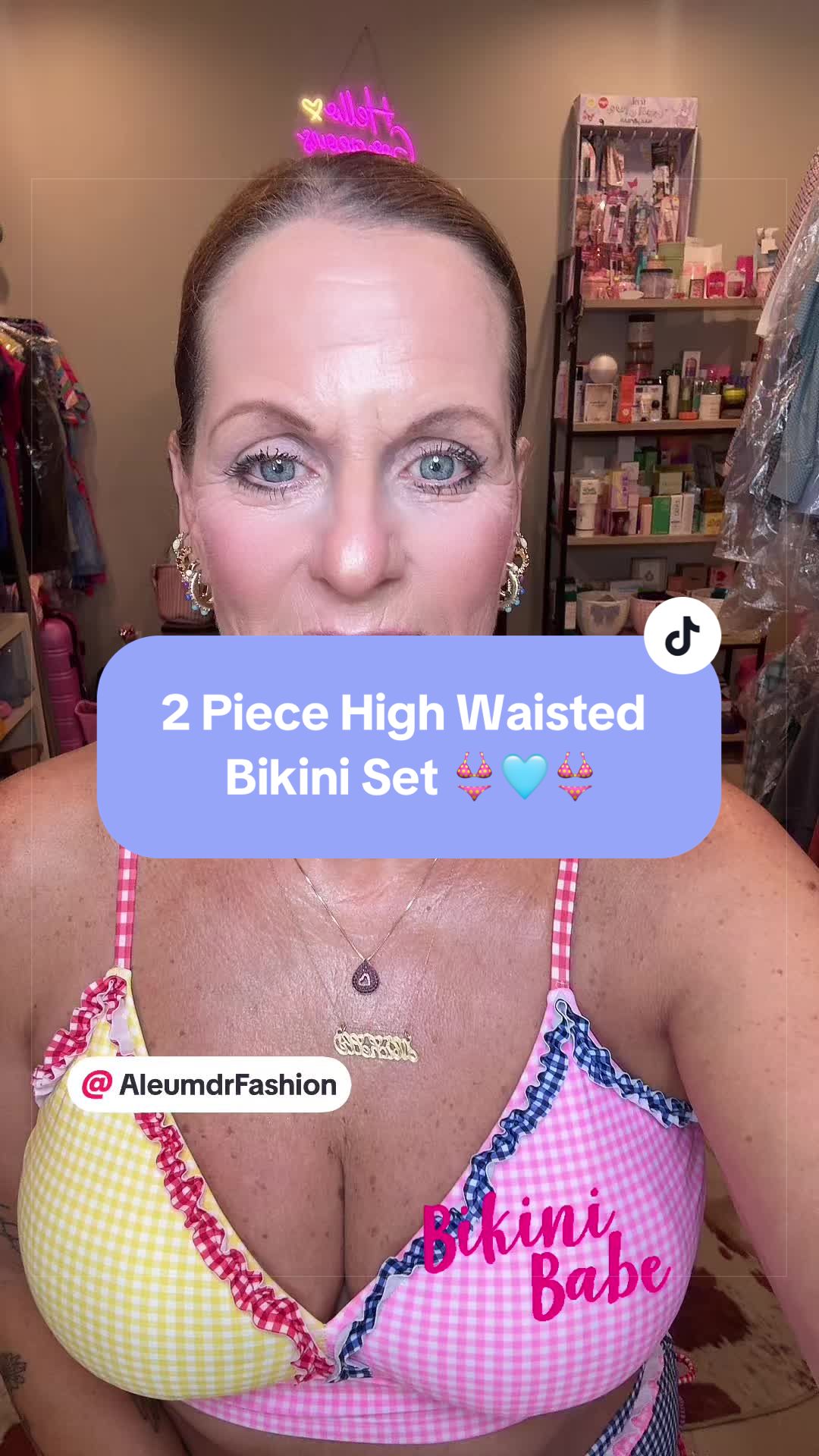 TikTok post by @themommichelle70 for Aleumdr. Caption reads: Two Piece High Waisted Bikini 👙 @Aleumdr Fashion....